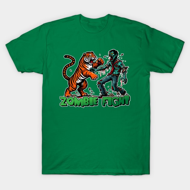 Tiger vs Zombie Fight T-Shirt by Rawlifegraphic